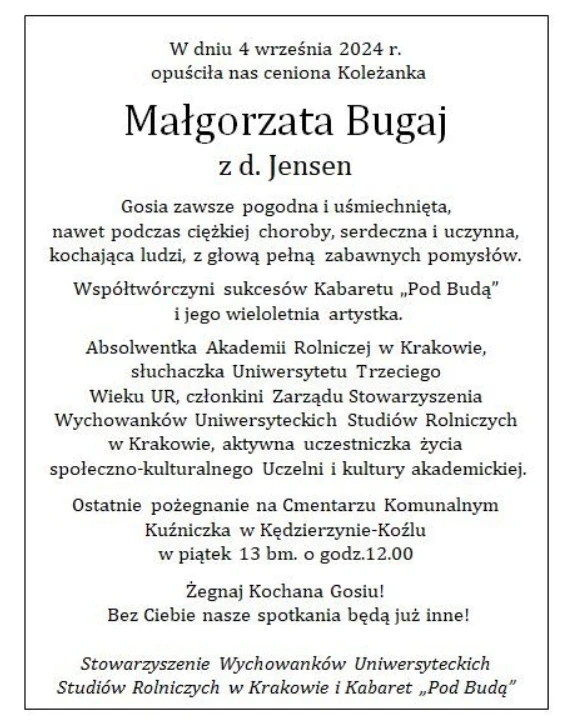 Nekrolog Małgorzata Bugaj z d. Jensen